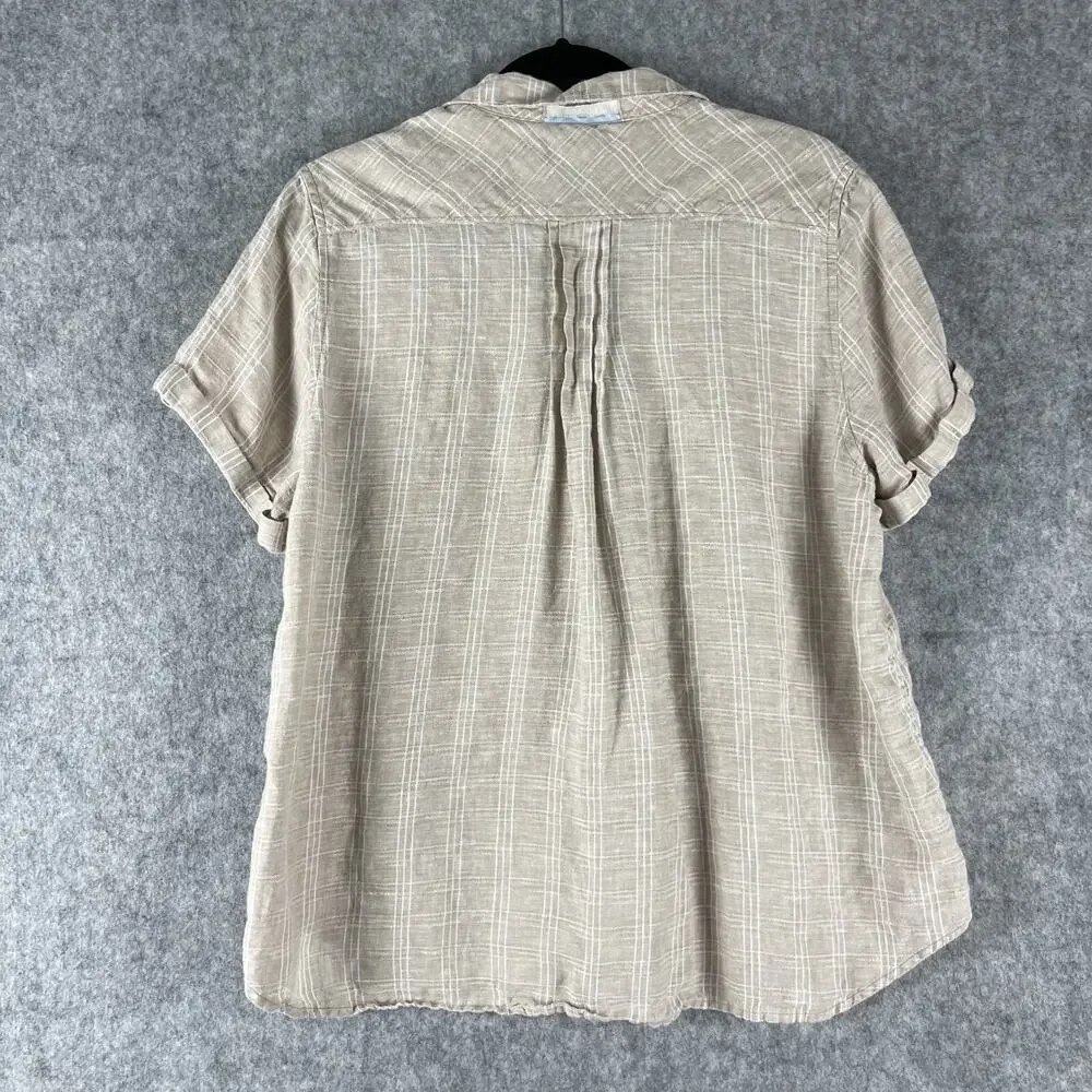 Tommy Bahama Linen Top Womens Medium Beige Plaid Short Sleeve Coastal Beachy - Picture 8 of 12